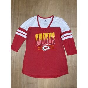 Majestic Kansas City Chiefs Womens Red White 3/4 Sleeve V Neck Tee Shirt Size M